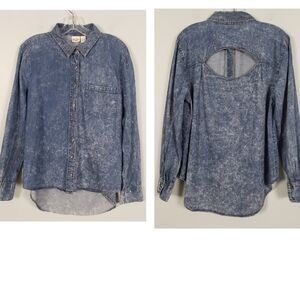 MUDD Acid Washed Cutout Back Hi Low Hem Button Down Denim Shirt Sz XL